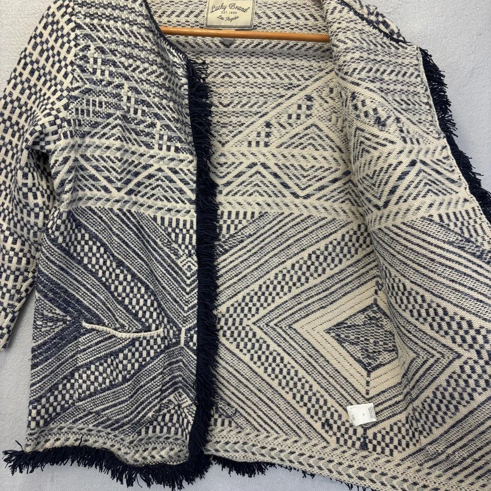 Lucky Brand Geometric Fringe Knit Coatigan‎ Jacket Womens Large Blue Boho Tribal